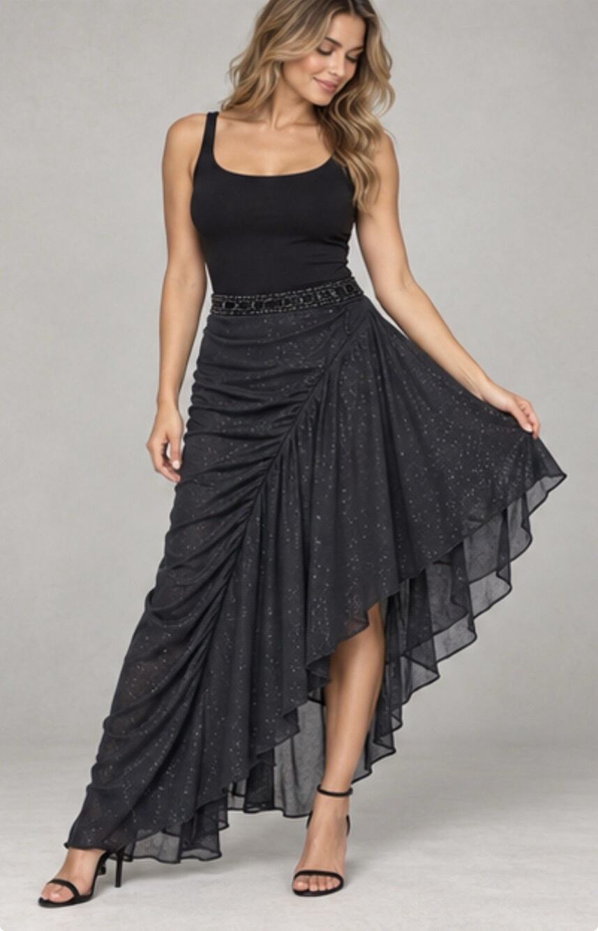 Emerald Sundae Women Small Black Glitter Asymmetrical Beaded Formal Skirt